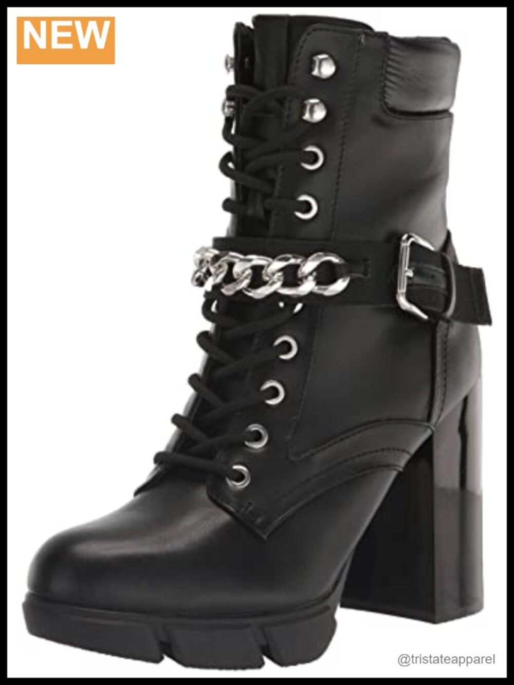 Nine West Women's Vilage Lace-up Block Heel Ankle Bootie with Gold Chain Detail